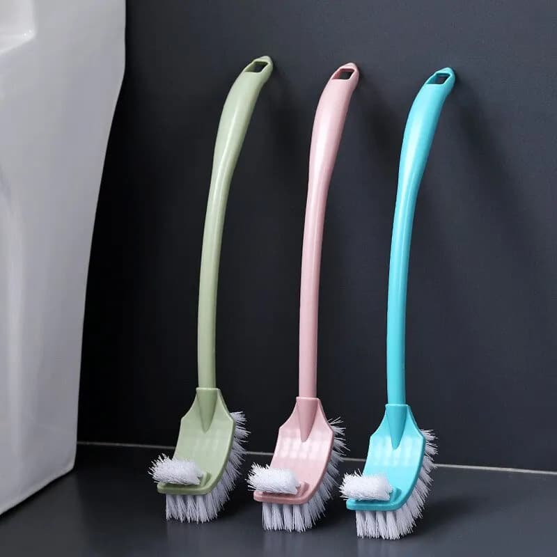 Scopino per WC multifunzione a doppia testa Spazzola curva in plastica per capelli morbidi Pulizia del bagno Spazzola angolare con manico lungo