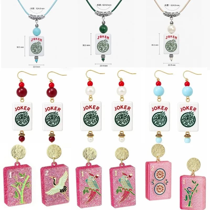 Mahjong Joker Tile Pendant Necklace Earrings Fun Acrylic Mahjong Pendant Personalized Y2k Jewelry Gifts For Women Men