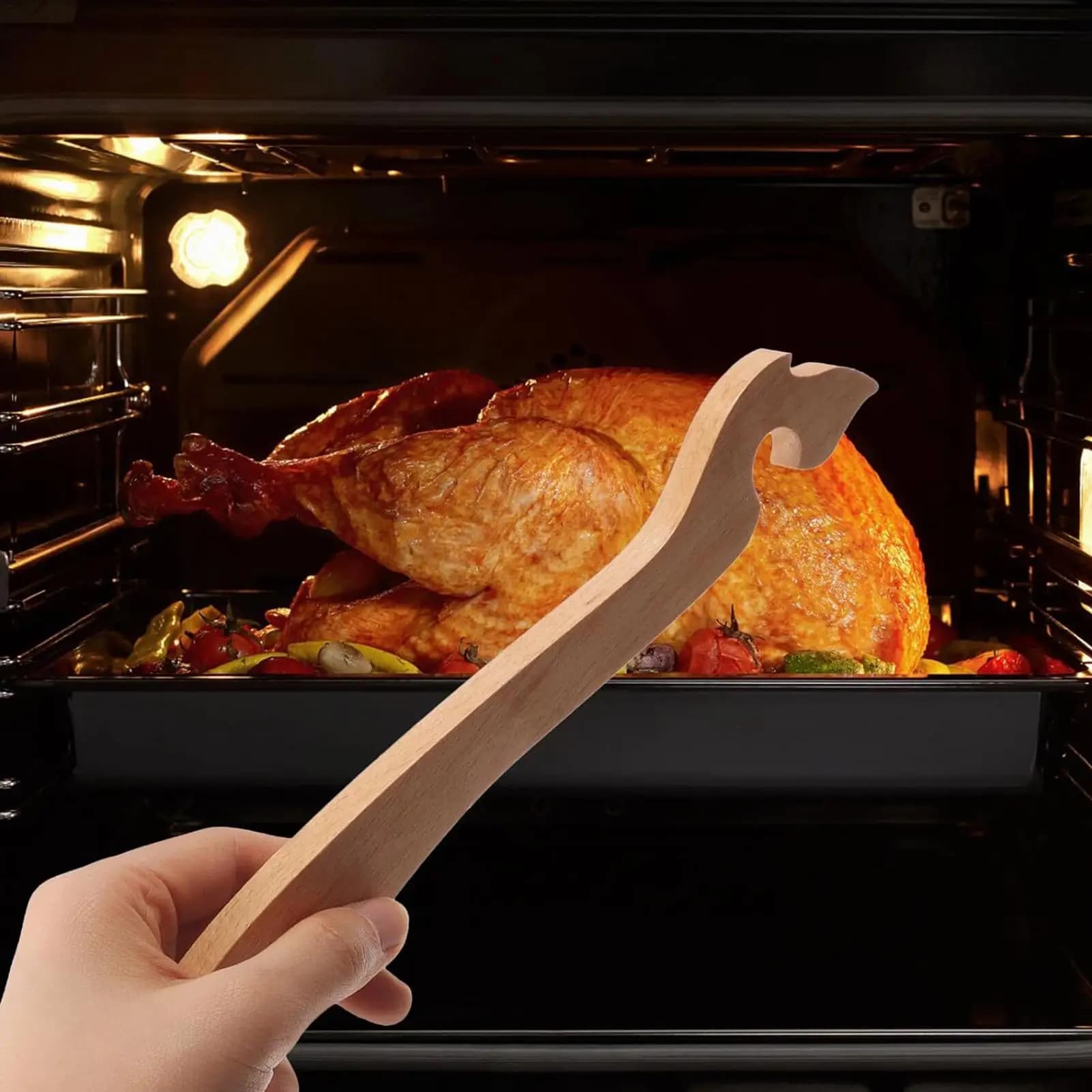 Strumento Sollevatore per Griglie e Rete da Forno con Manico Lungo in Legno, Utensile per Friggitrice ad Aria e Griglia, Pinza Solleva-Griglie per Cucina e Pasticceria