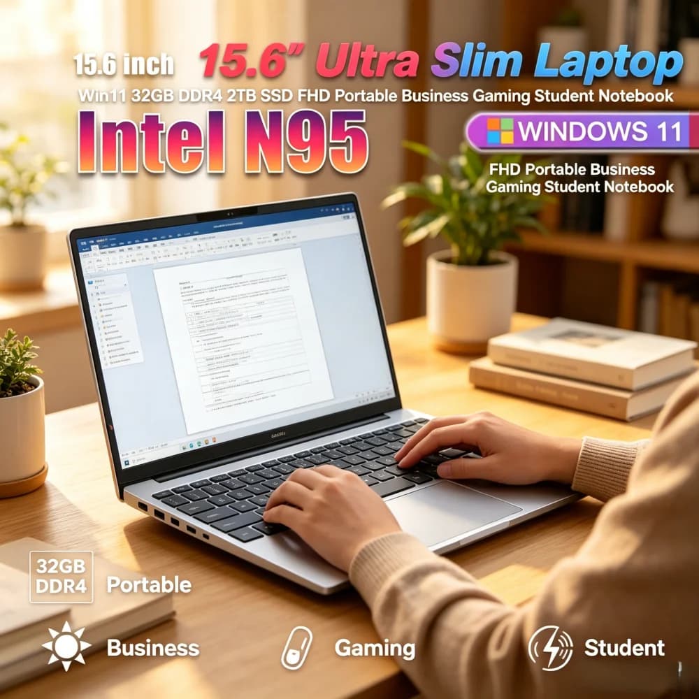 15.6 Inch Ultra Slim Laptop Intel N95 Win11 32GB DDR4 2TB SSD FHD Portable Business Gaming Student Notebook