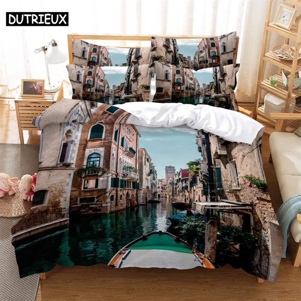 Set biancheria da letto di moda Small town life 2/3 pezzi Set copripiumino con stampa digitale 3D 1 copripiumino + 1/2 federe Dimensioni US/EU/AU