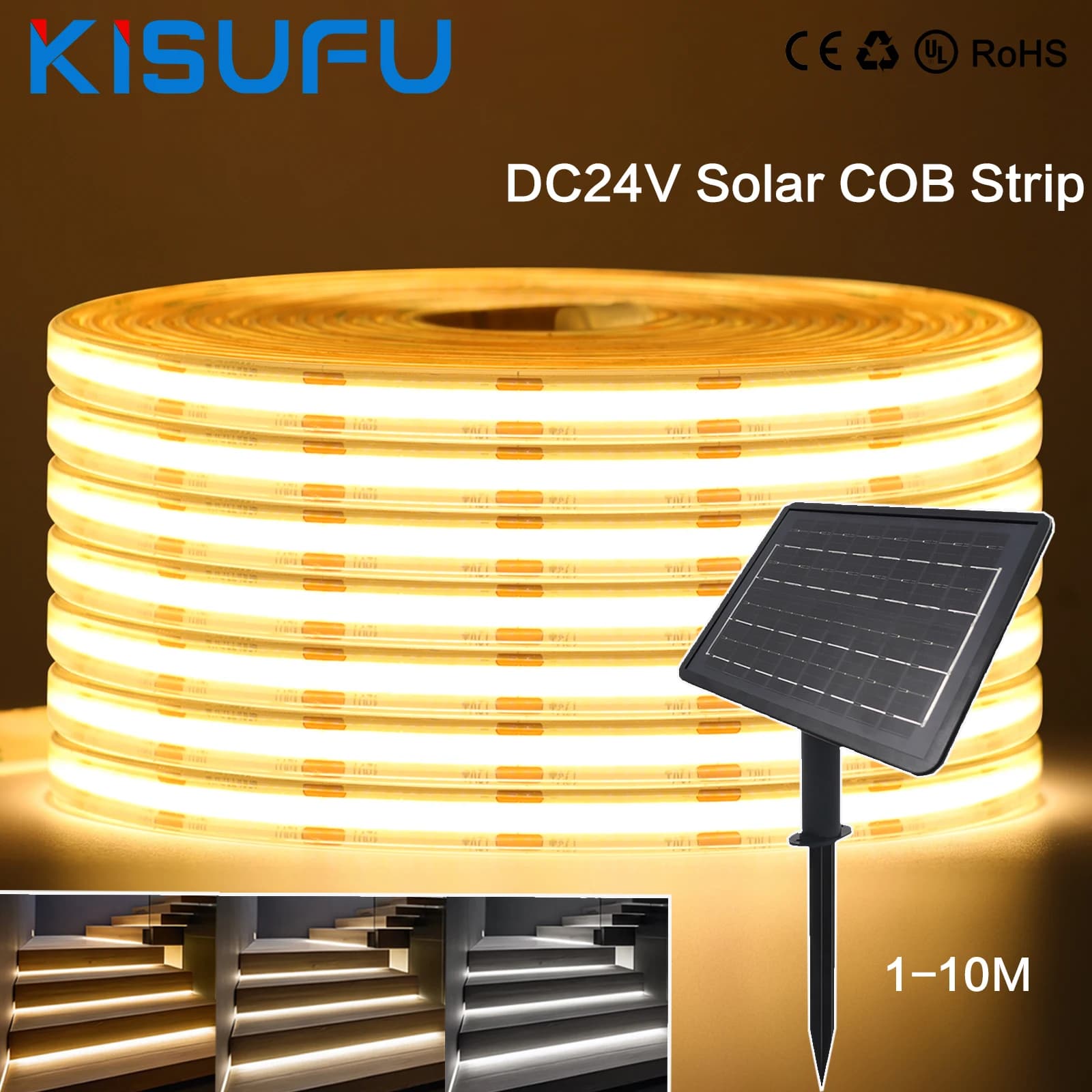 Striscia COB solare impermeabile IP67 DC 24V 480 LED/m 3M 5M 8M 10M RA90 Nastro adesivo dimmerabile ad alta densità Decorazioni per il giardino di casa