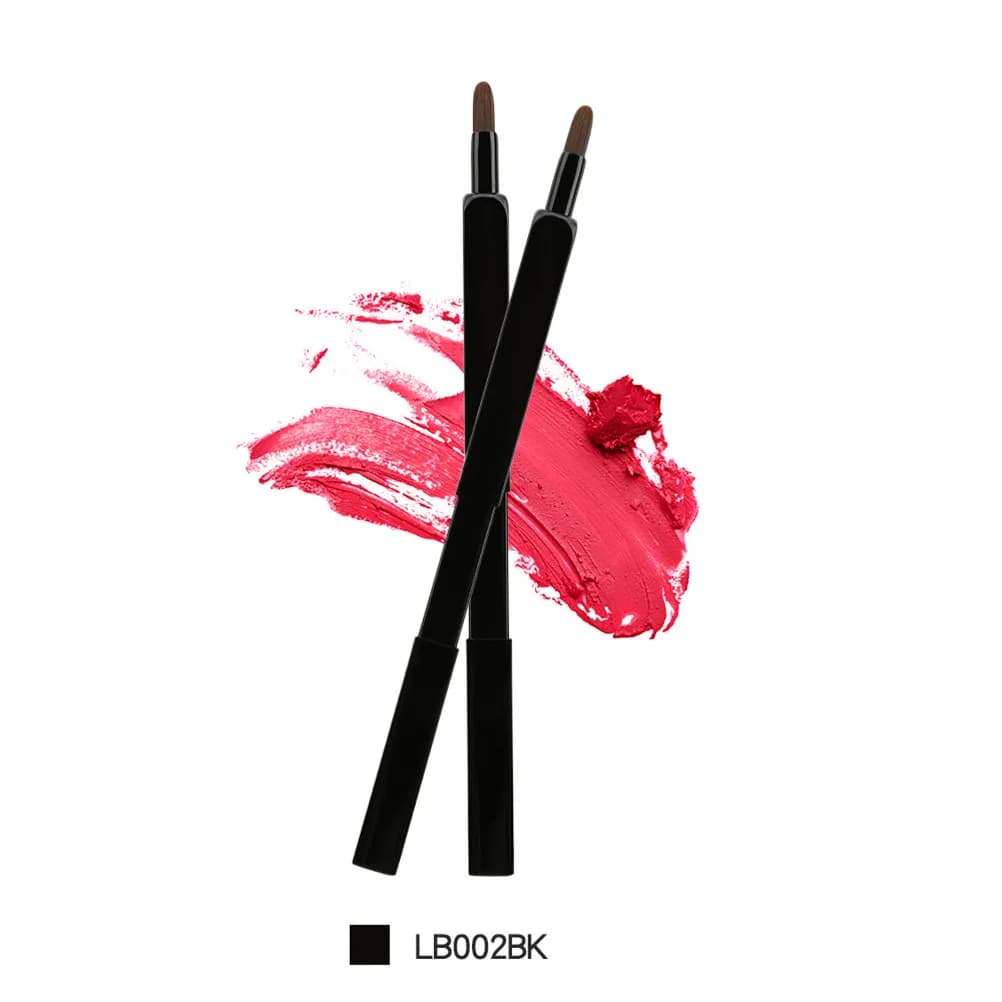 Lip brush with retractable nylon bristles, black metal tube, portable makeup tool, for travel and everyday use, lipstick applicator.