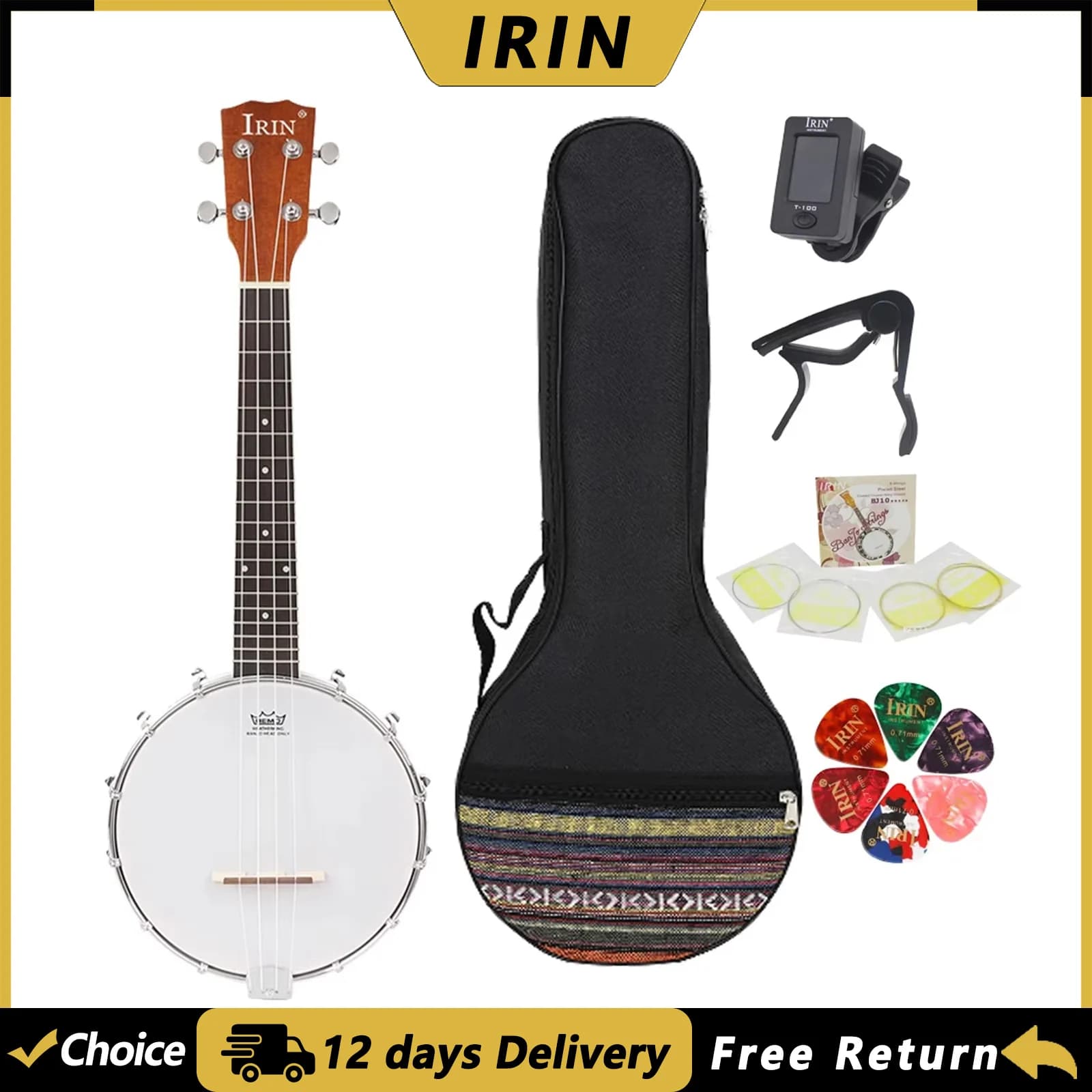 IRIN 4 Strings Banjo Sapele Body Rosewood Fingerboard Professional Banjo Guitar with Bag Tuner Picks Banjo Parts & Accessories