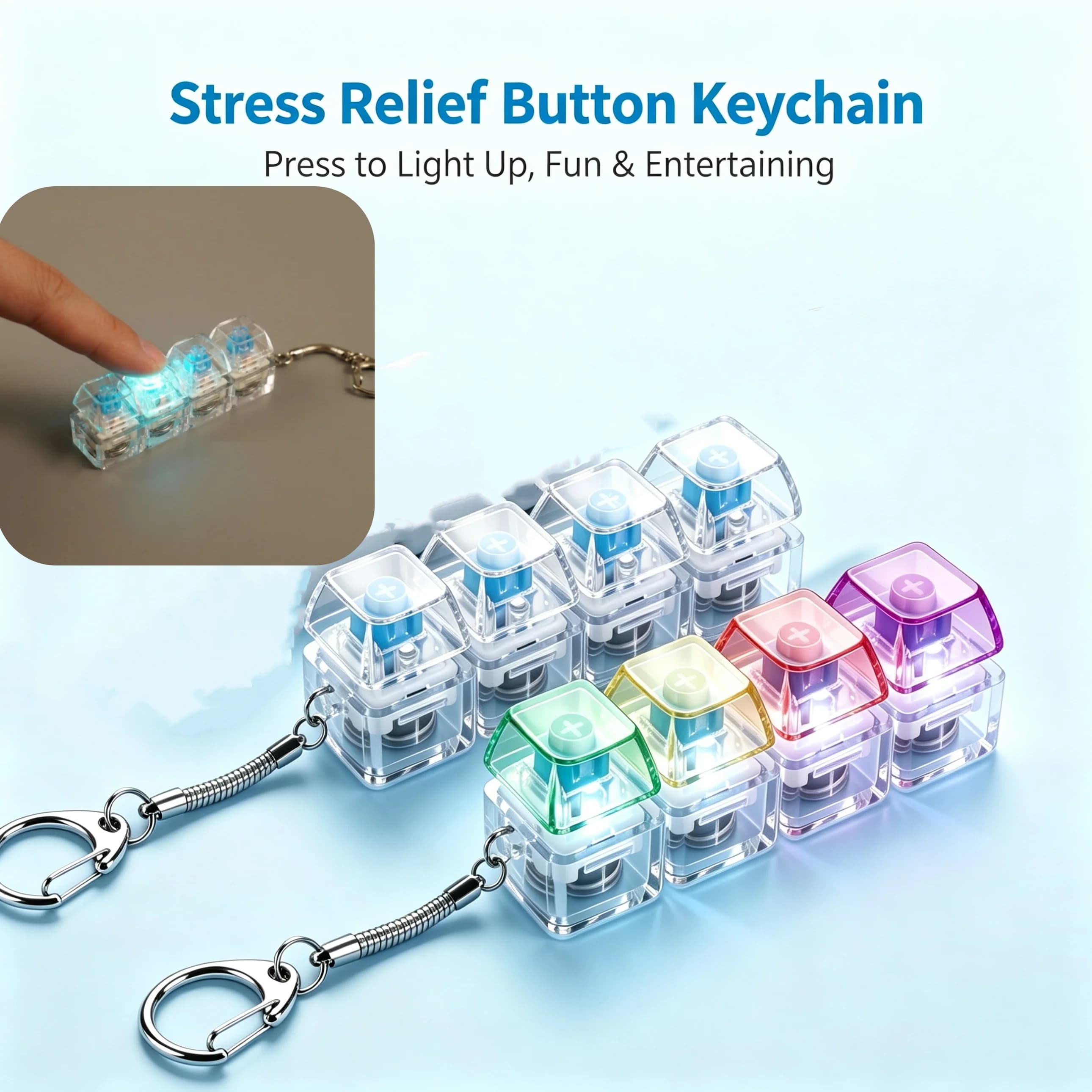 1PC Fidget Clicker Keychain Transparent RGB Tactile Feedback Pad Fun Stress Relief Mini Light-Up Gadget Desk Accessory Gift
