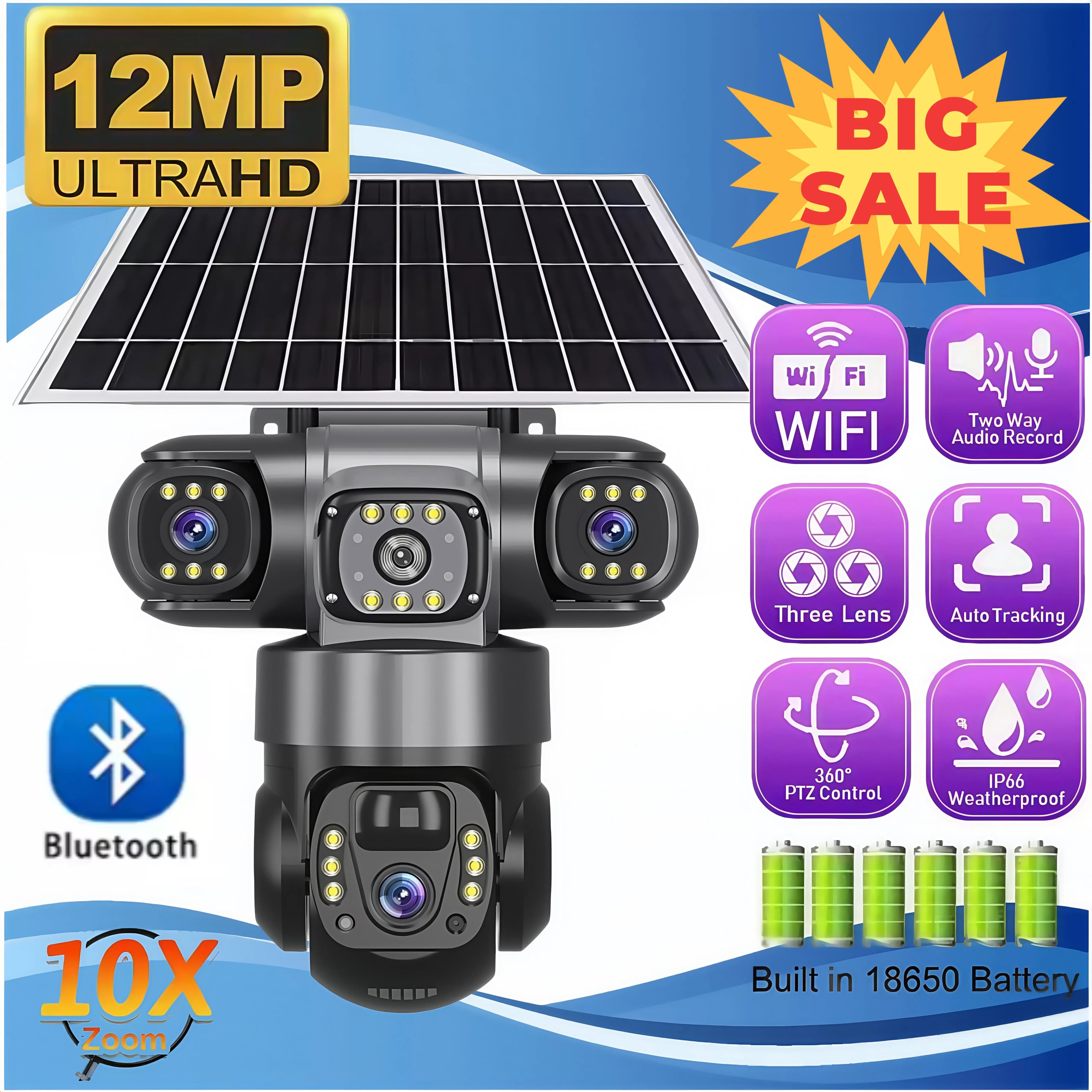 12 MP Solar WIFI Security Camera with 3 Lens Screen V380 Pro Zoom 10X Night Vision Waterproof PIR Human Detection CCTV