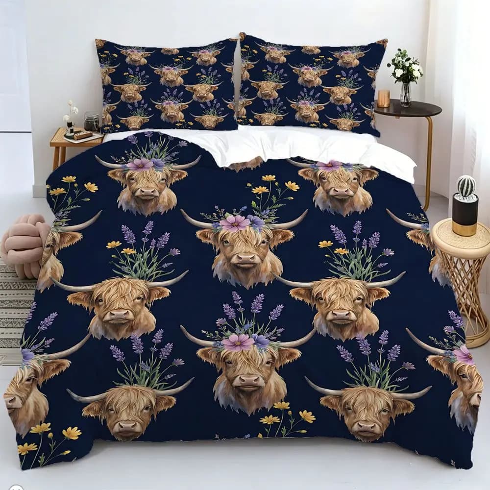Set copripiumino floreale Highland Cow, 2/3 pezzi (1 copripiumino, 1/2 federa, senza cuscino) Set biancheria da letto con stampa digitale