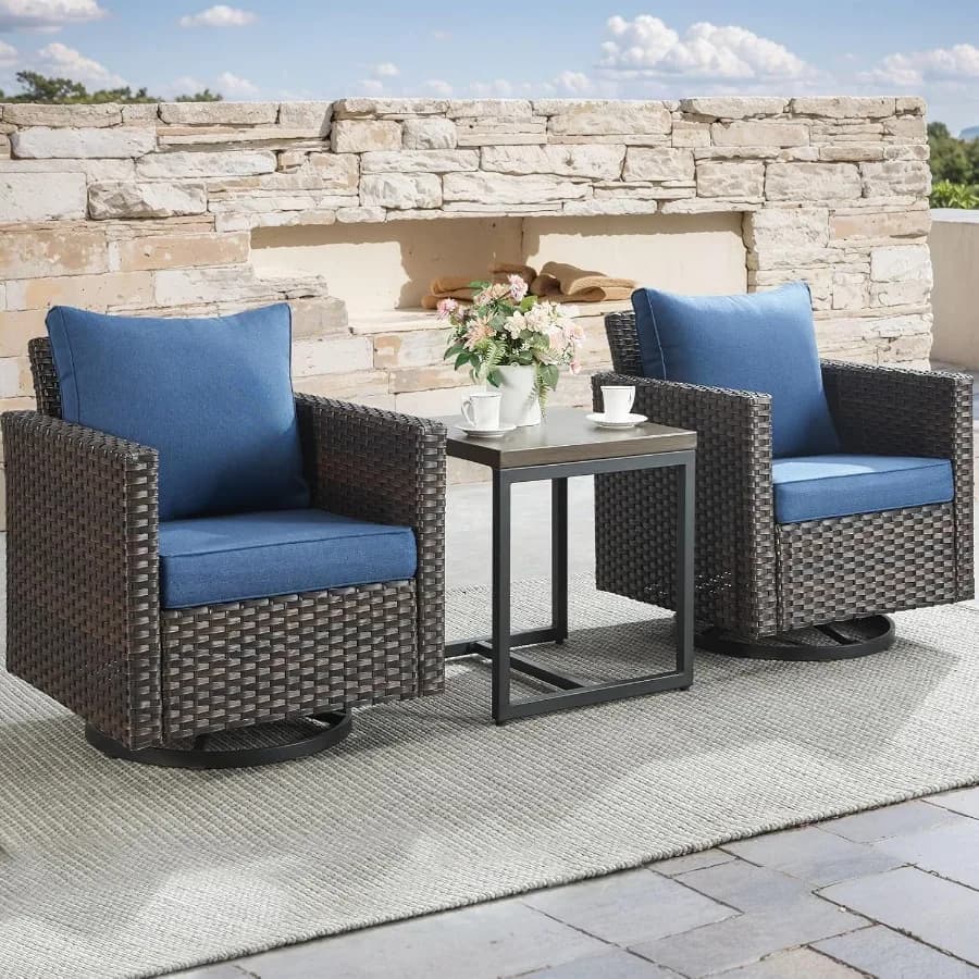 Rilyson Sedie a dondolo girevoli per patio esterno Set da bistrot per mobili da giardino in vimini da 3 pezzi con comodi cuscini Robusto metallo Fra