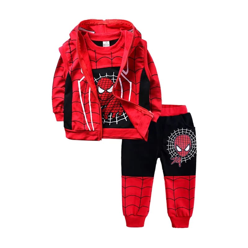 3 pezzi stampa cartoon Spiderman costume cosplay autunno bambini ragazzi senza maniche gilet con cappuccio + maglietta + pantaloni tuta abiti per bambini