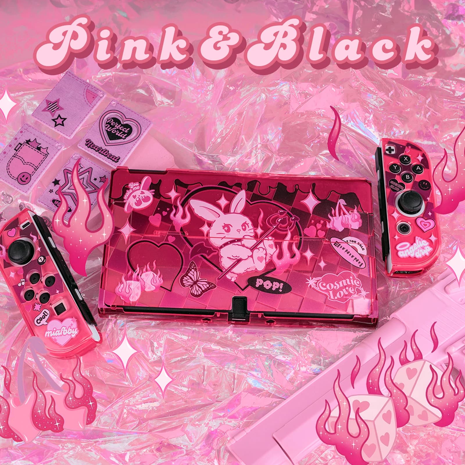 Custodia trasparente serie rosa e nera per Switch 2 / Nintendo Switch / OLED - Guscio protettivo rigido con effetto laser