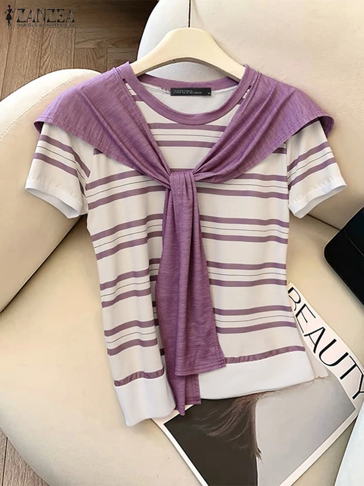ZANZEA 2025 Camicetta a righe da donna Casual Scialle allentato Top Moda O-Collo Tunica Patchwork oversize Manica corta Pullover S-3XL