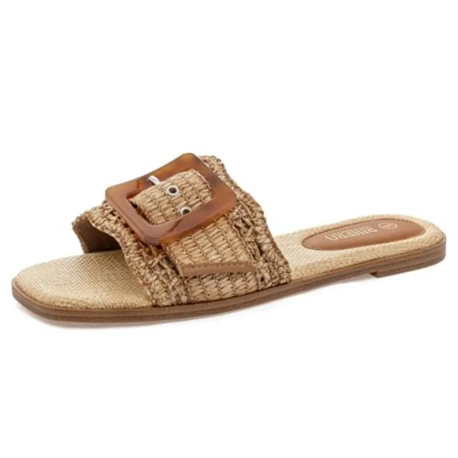 Women's Raffia Flat Sandals Square Open Toe Summer Beach Slip On Woven Buckle Slide Sandals