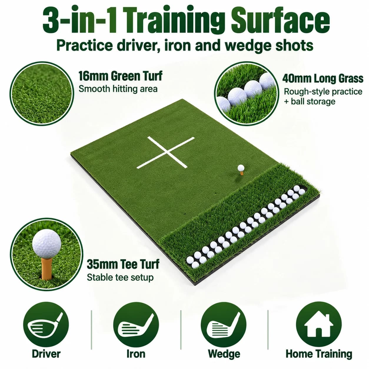 Custom Premium Golf Hitting Mat 180x117cm Rubber Upgraded Ball Tray 9 Hitting Holes Dual Turf Non-Slip Durable Swing
