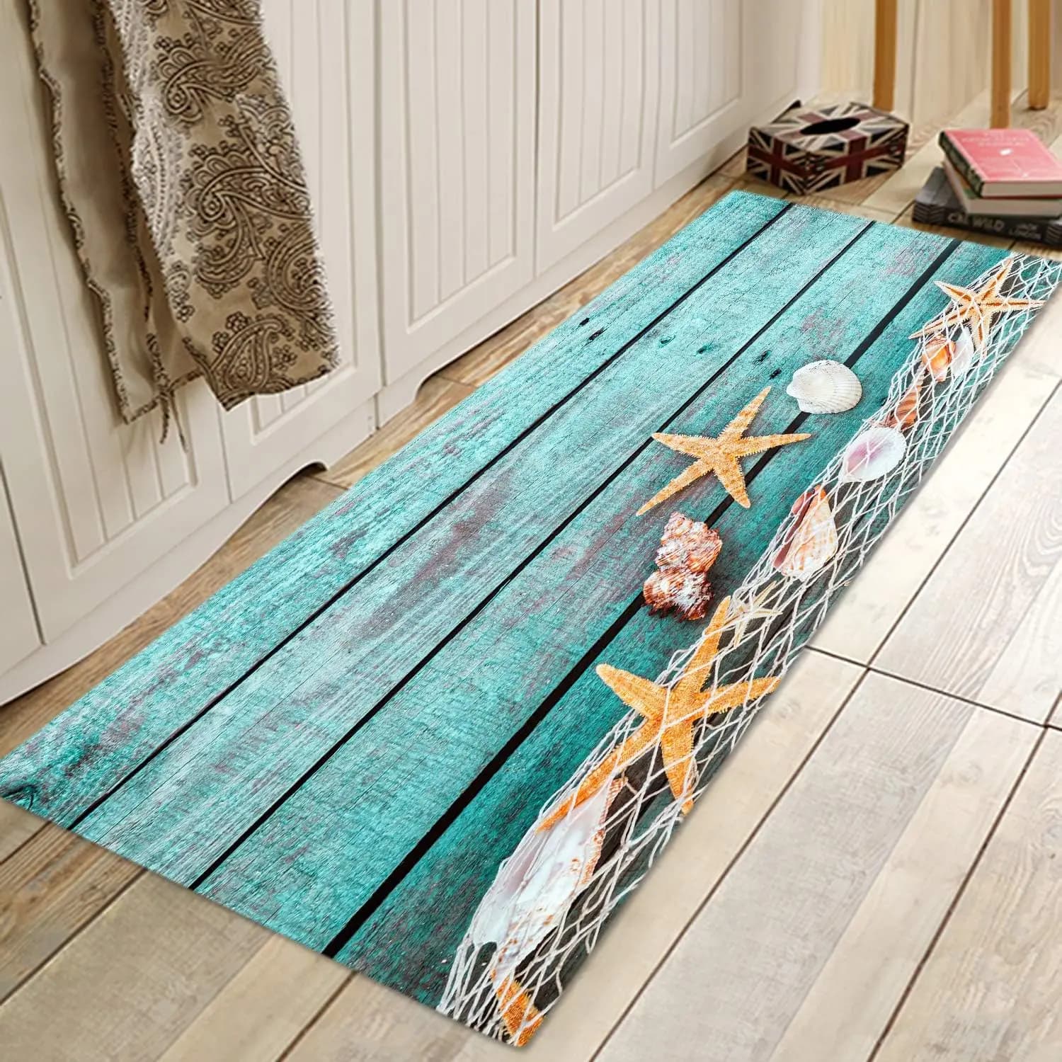 VIKAMA Tappeto con motivo a conchiglia a forma di stella marina, antiscivolo, per bagno e cucina, tappetino per corridoio, tappetino a strisce lunghe, decorazione per la casa