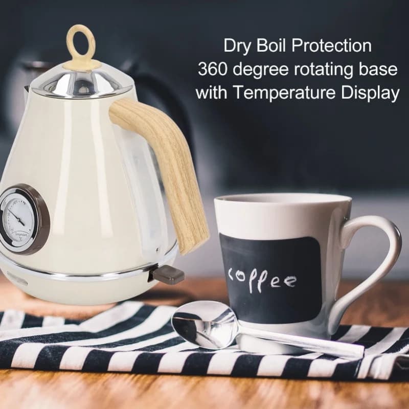 Dry Boil Protection Electric Kettle 1.7L Retro Wood Grain Home With Temperature Display