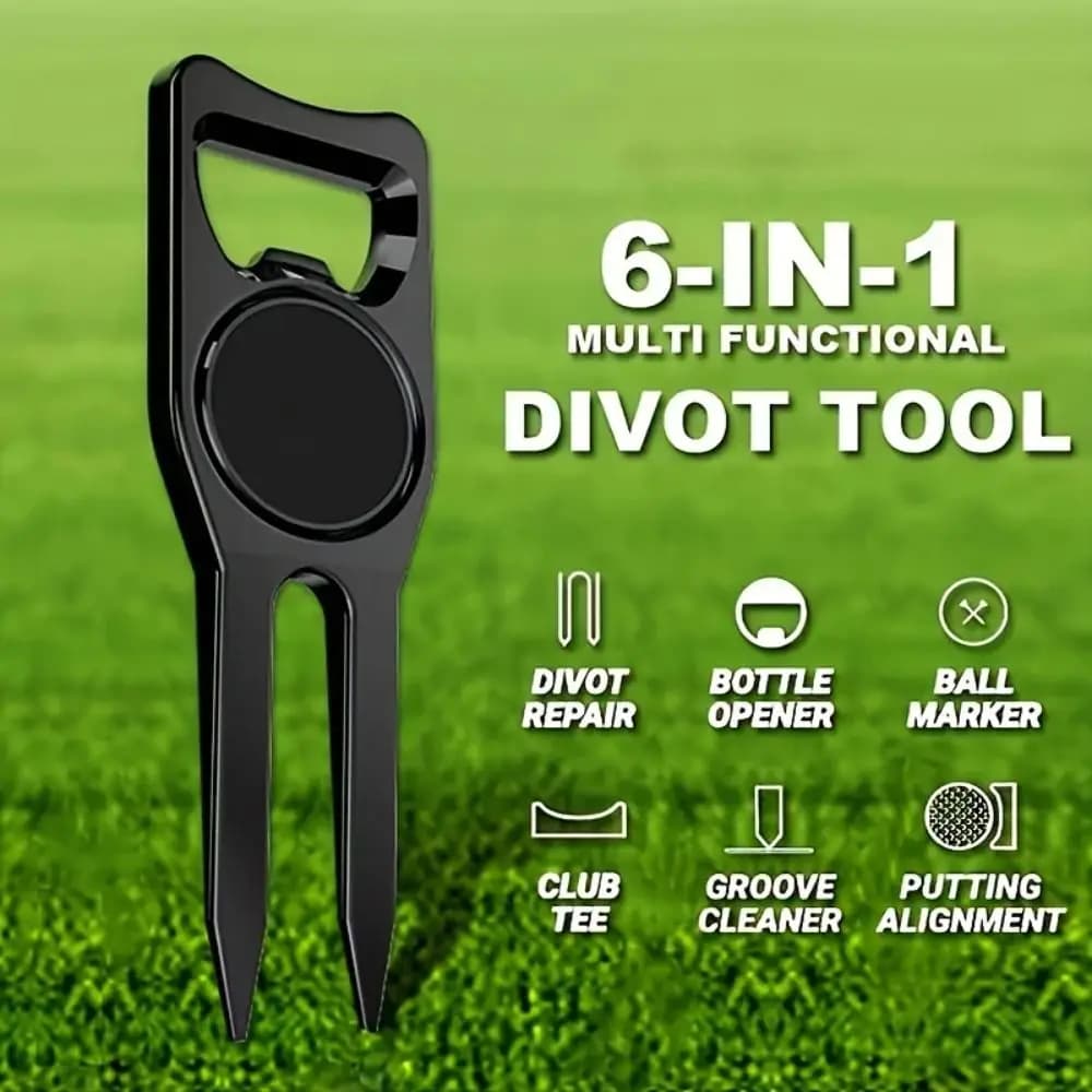 Apribottiglie forchetta per pallina da golf 6 in 1 Indicatore forchetta da golf multifunzionale Creativo staccabile Pulitore per scanalature da golf Confezione regalo per golfisti