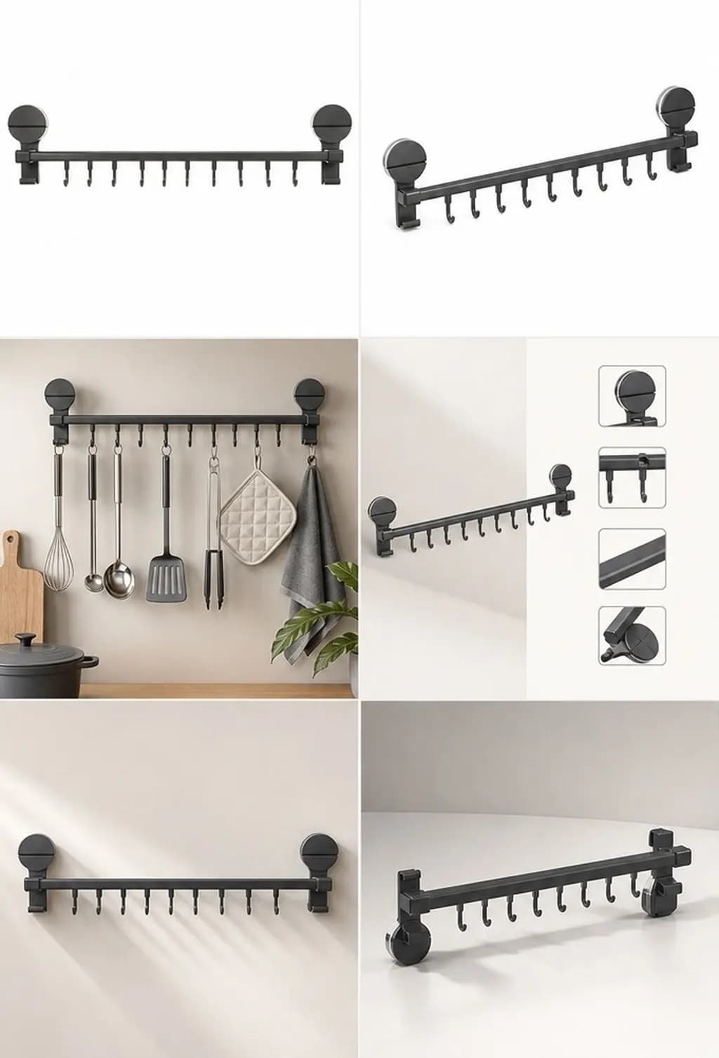 Suction Cup Hanging Utensil Holder Kitchen Rail 10 Hooks Wall Mounted Organizer for Towel Spoon Tools Mugs No Drill Towel Hooks