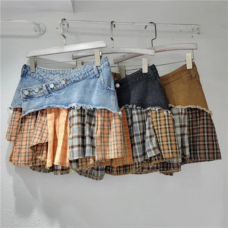 Donne Plaid Denim Patchwork Streetwear Irregolare A-line Minigonna 2025 Summer Street Femminile Classico Jeans Cargo Gonne