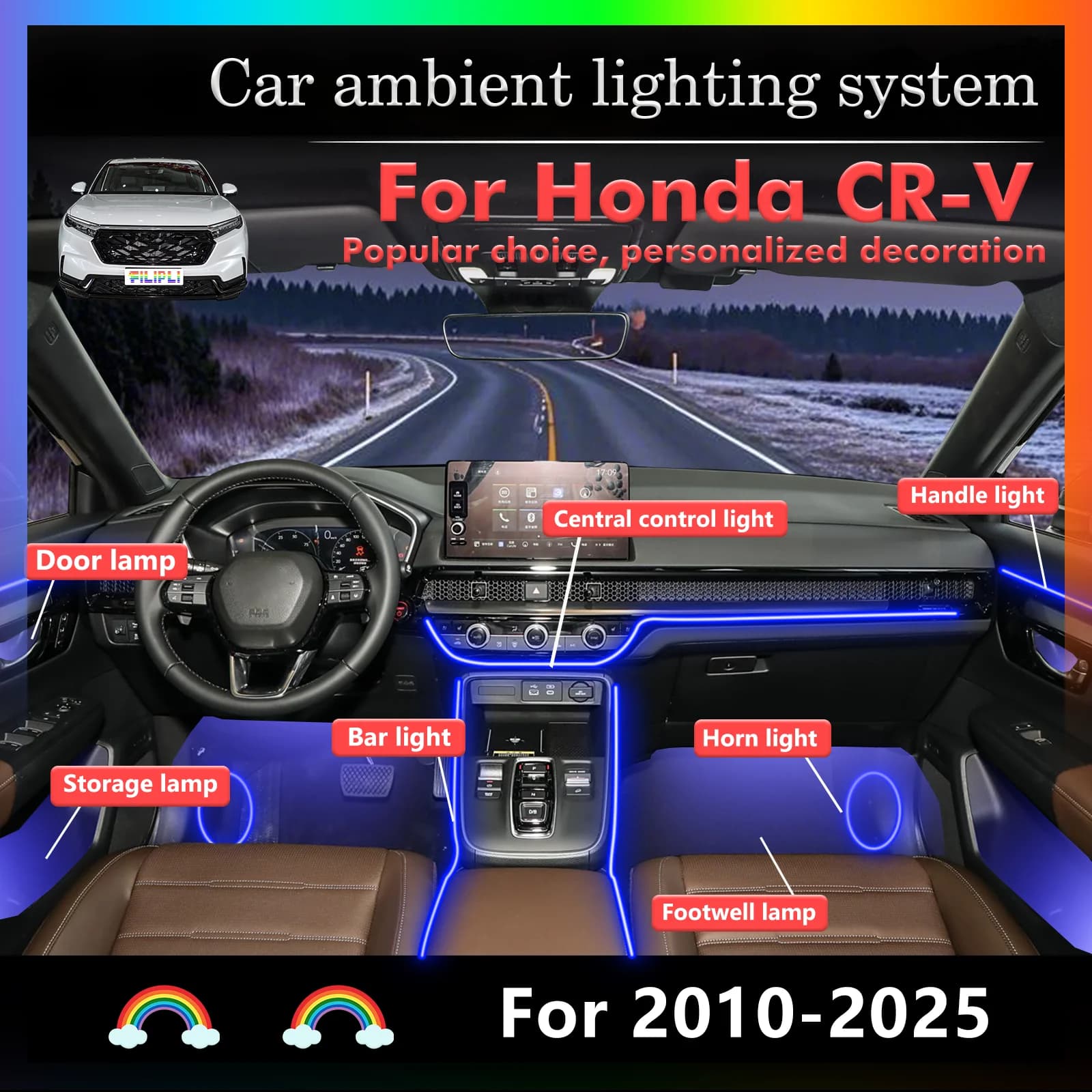 22 In1 for Honda CR-V FD2‌ FK2‌ FK8 FL5 Car LED Ambient Lamps Colorful Atmosphere Lights Auto Interior Neon Strip 64 RGB Light