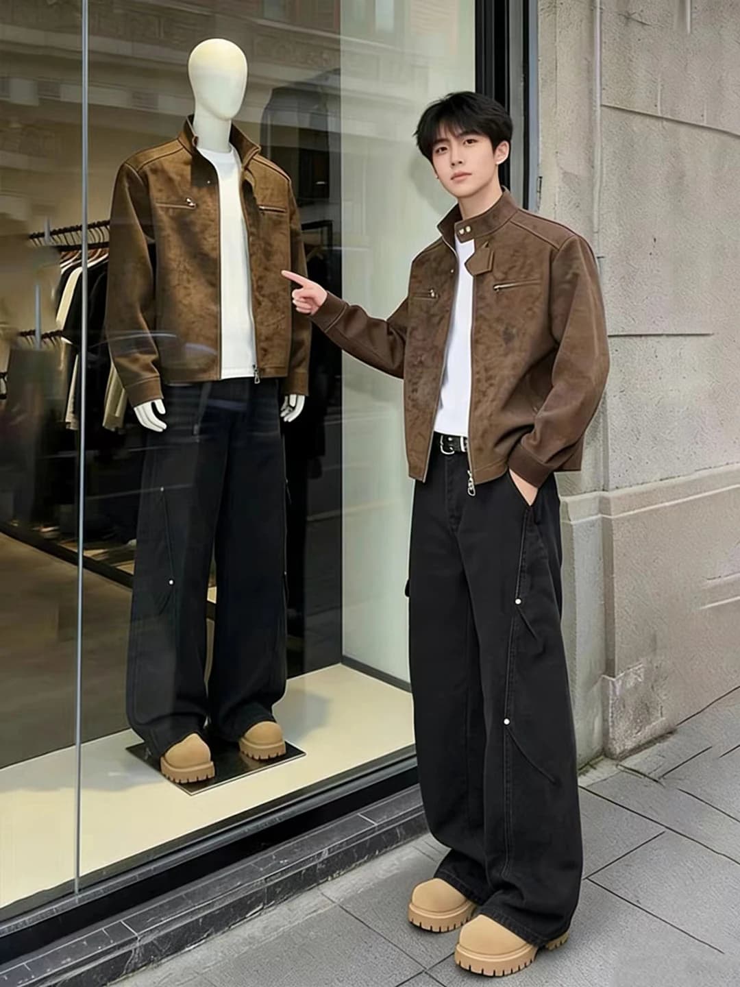 American Style Work Pants Men's Spring Autumn CleanFit Wide Leg Micro Flare Jeans Side Cut Offspring Buckle Youth Fashion