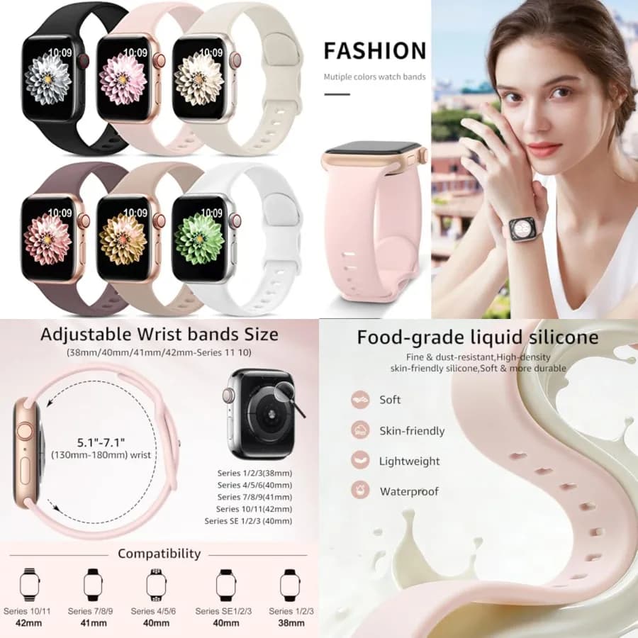 6 Pack Sport Bands Compatible with Apple Watch Band 38mm/40mm/41mm/42mm(series 11 10),Silicone Waterproof Strap for iWatch Apple Watch Series 11 10 9 Ultra 8 7 6 5 4 3 2 1 SE Women Men,Starlight/Pink Sand/Milk Tea/White/Smoke Violet/Black