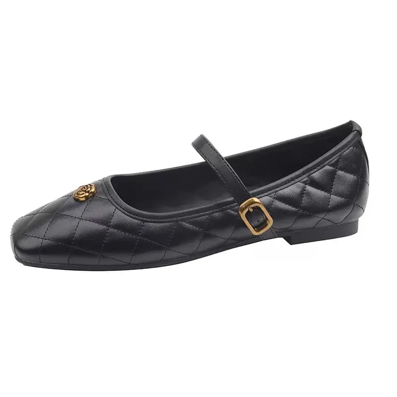 Women Quilted Mary Jane Flat Shoes Square Toe Single Strap Ballet Flats Vintage Gold Flower Buckle Ladies Soft Leather Casual