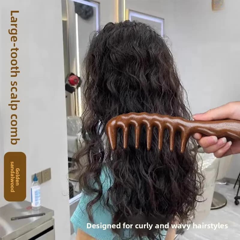 Antistatic wide teeth wood comb for women's hair care, usable with curling iron and scalp massage on long hair