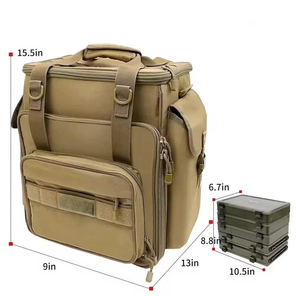 Outdoor tactical fishing backpack - Pack of multipurpose fishing gear with 5 boxes for removable baits and barrel holders for fishing and