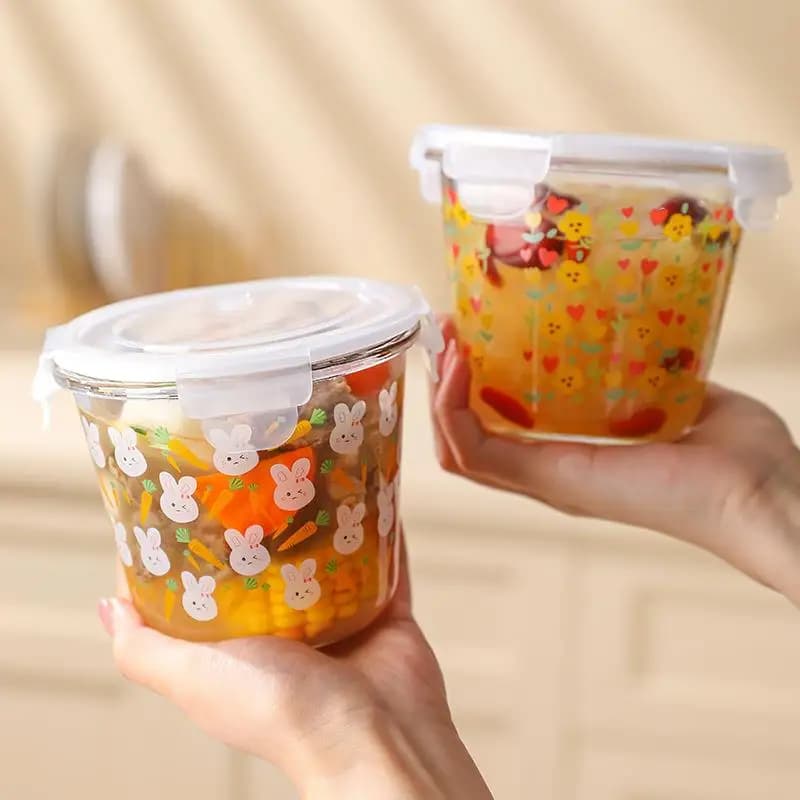 Contenitore per Pranzo in Vetro per Microonde, Scaldabile, Isolato, Rotondo, con Scomparti, per Conservazione Alimenti, Bento Box per Lavoratori d'Ufficio