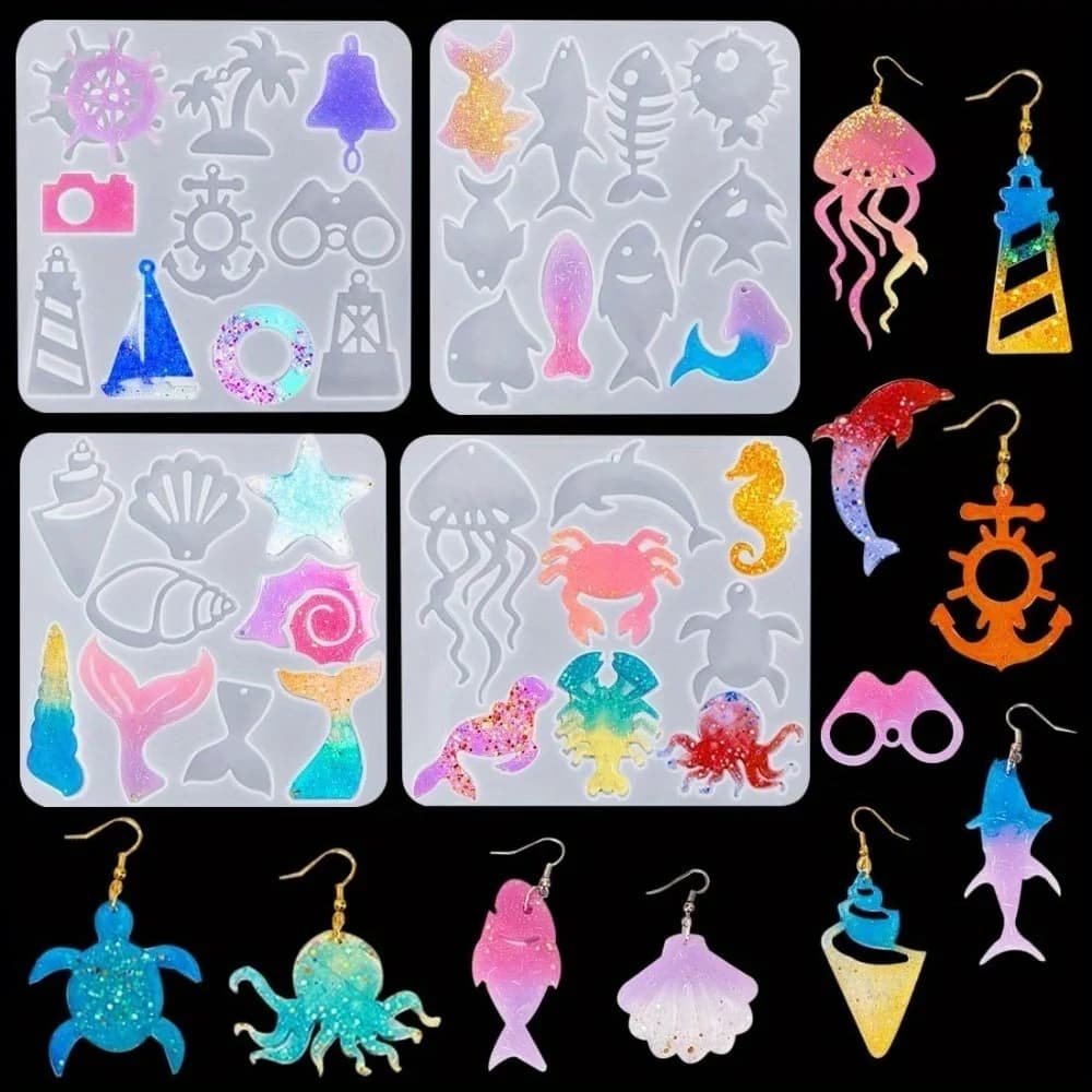 The Ocean-themed Earring And Pendant Mold Set Includes Four Styles: Fish Tail, Lighthouse Rudder, Marine Animal, And Marine Fish. The Handcrafted Resin Jewelry Is Suitable for Nautical Theme Jewelry, Summer Accessory Handicrafts, And Aquarium