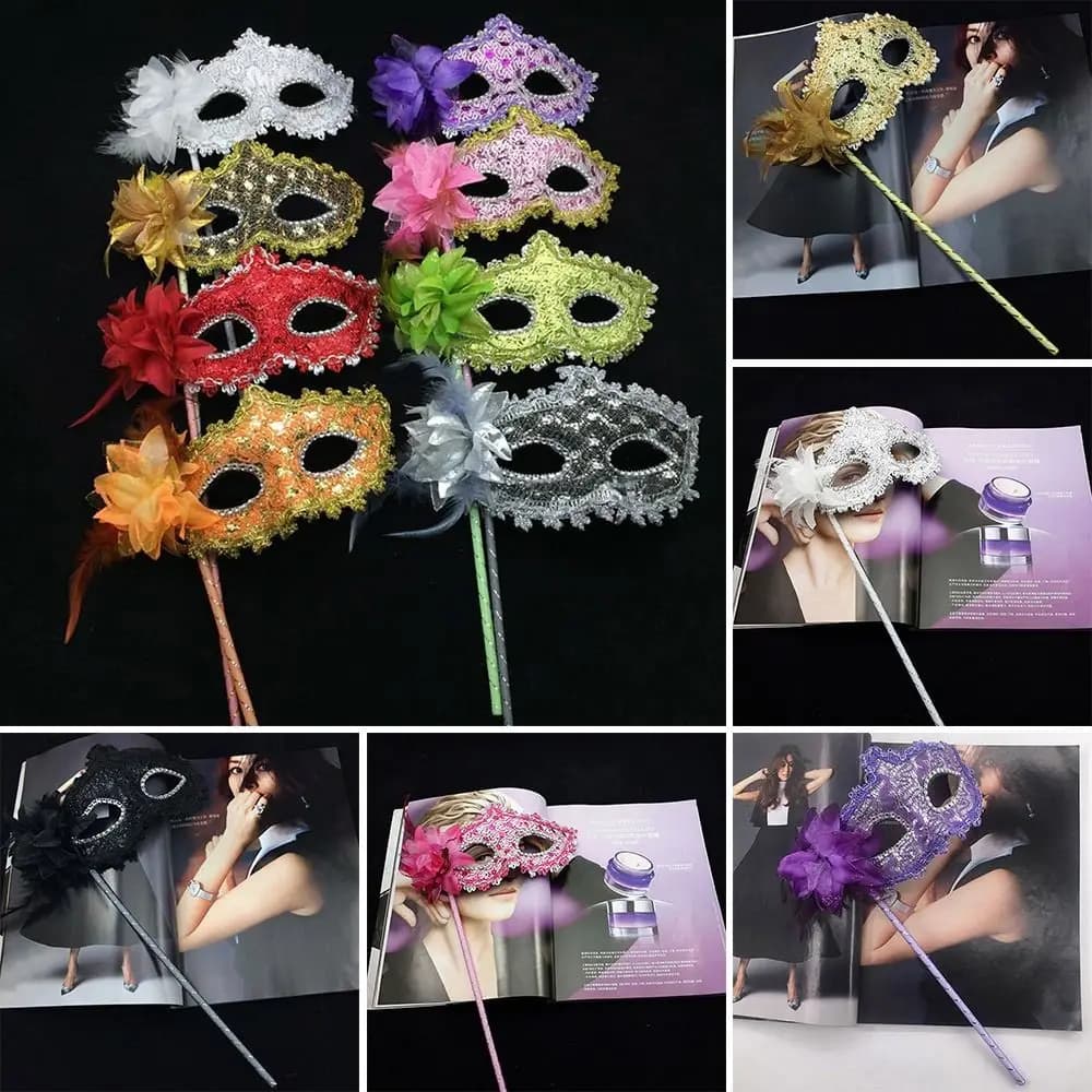 Venetian Party Handheld Masquerade Masks Carnival Party Festival Costume Party White Lace Veil With Holding Stick