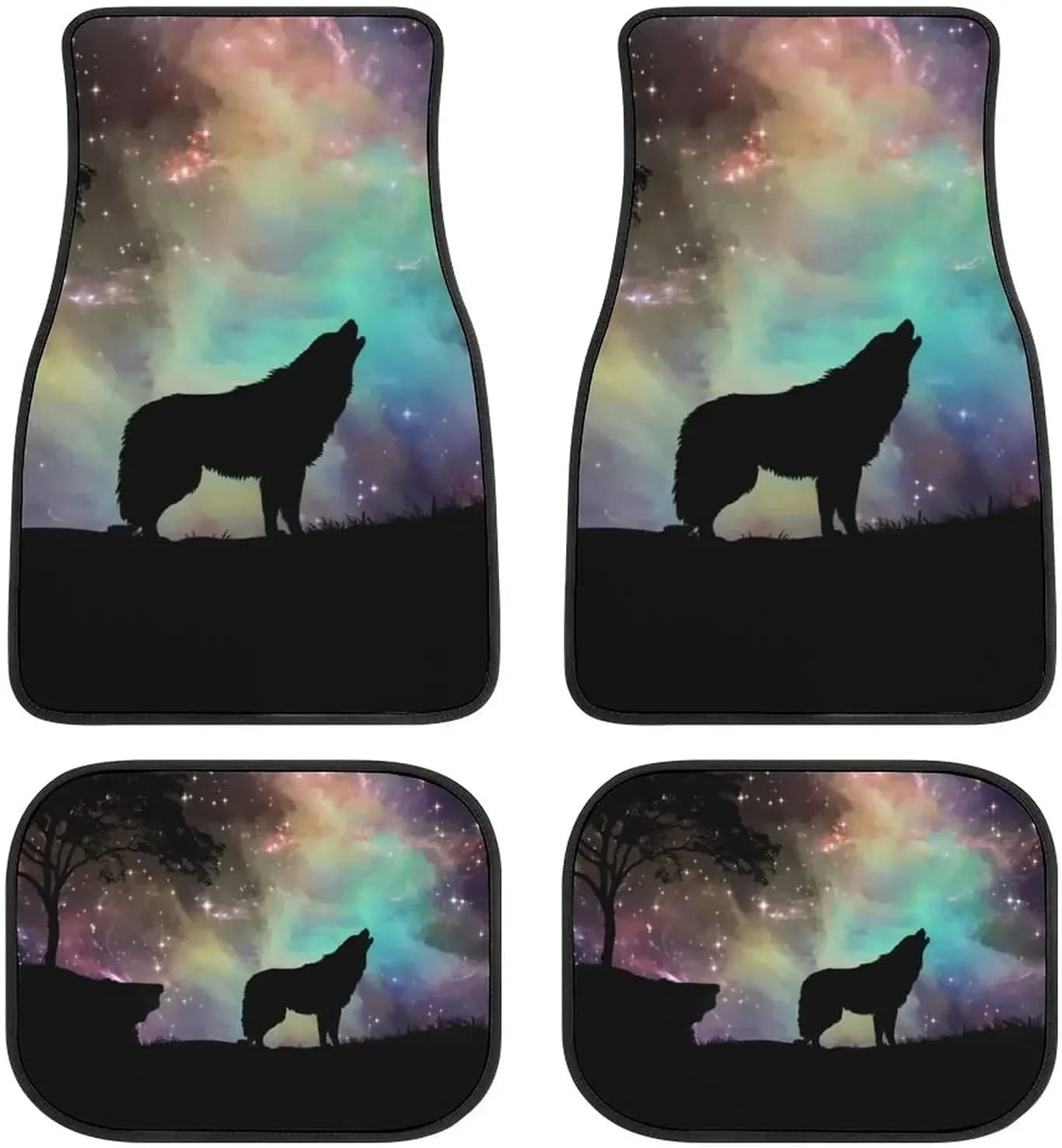 Bagea-Ka Space Starry Galaxy Wolf Tappetini per auto con motivo animale Set di protezione anteriore e posteriore da 4 pezzi Tappeto universale per tutte le stagioni