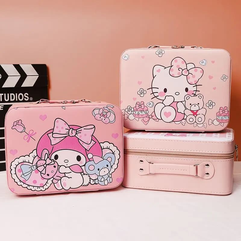 Borsa per cosmetici Sanrio Hello Kitty, organizer da viaggio di grande capacità, scatola portaoggetti da donna, valigia portatile per trucco in pelle PU