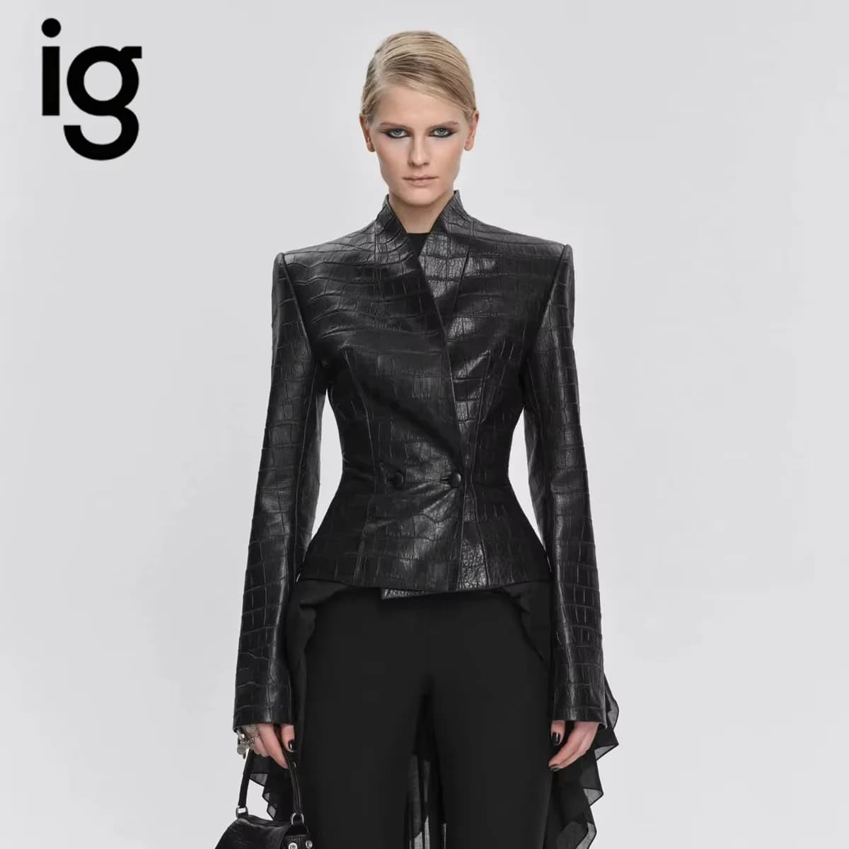 IG 2026 New Women's Gothic Faux Leather Embossed Fitted Leather Blazer Structured Shoulder Lace Cuff Casual Black Blazers