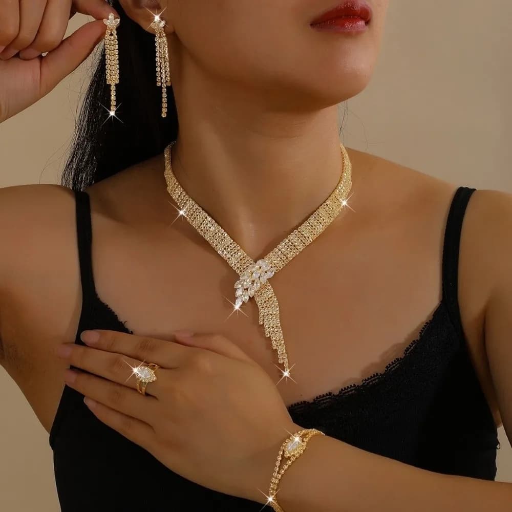 Elegant Wheat Ear Jewelry Set Sparkling Copper Claw Chain Necklace Earrings Bracelet Set Hollow Tassel Adjustable