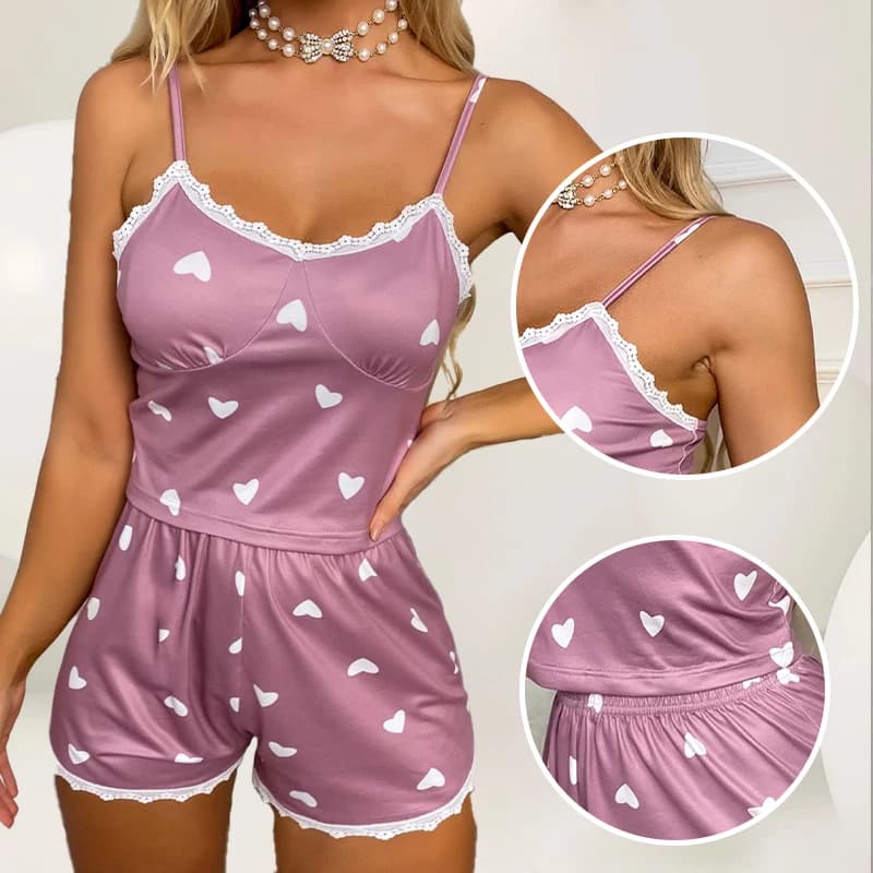 Top and shorts printed in lace with two-piece straps women's casual printed pajamas set for women
