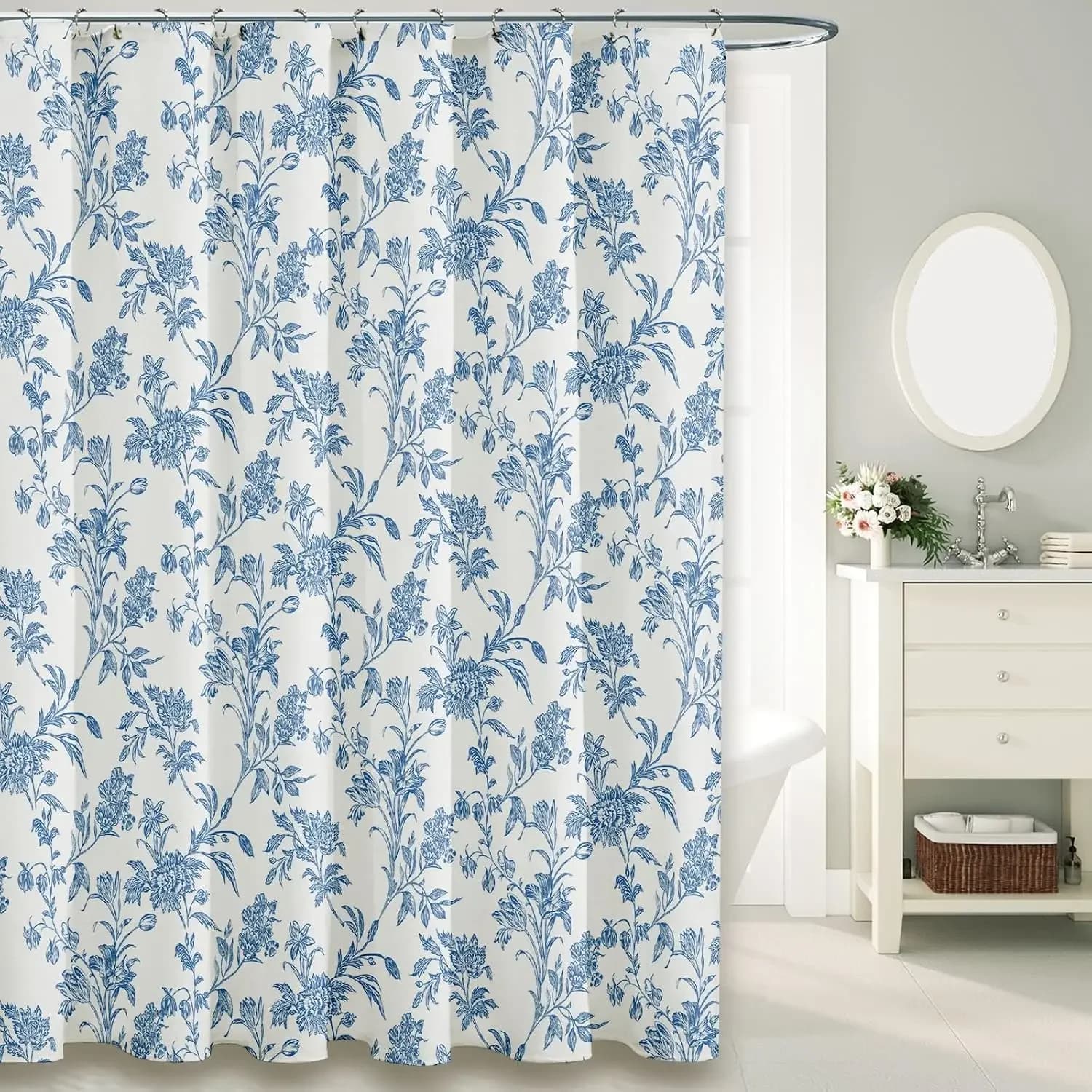 Blue Shower Curtain Floral Cotton Shower Curtain for Bathroom Plastic Curtain with small fresh flowers in rural and pastoral style
