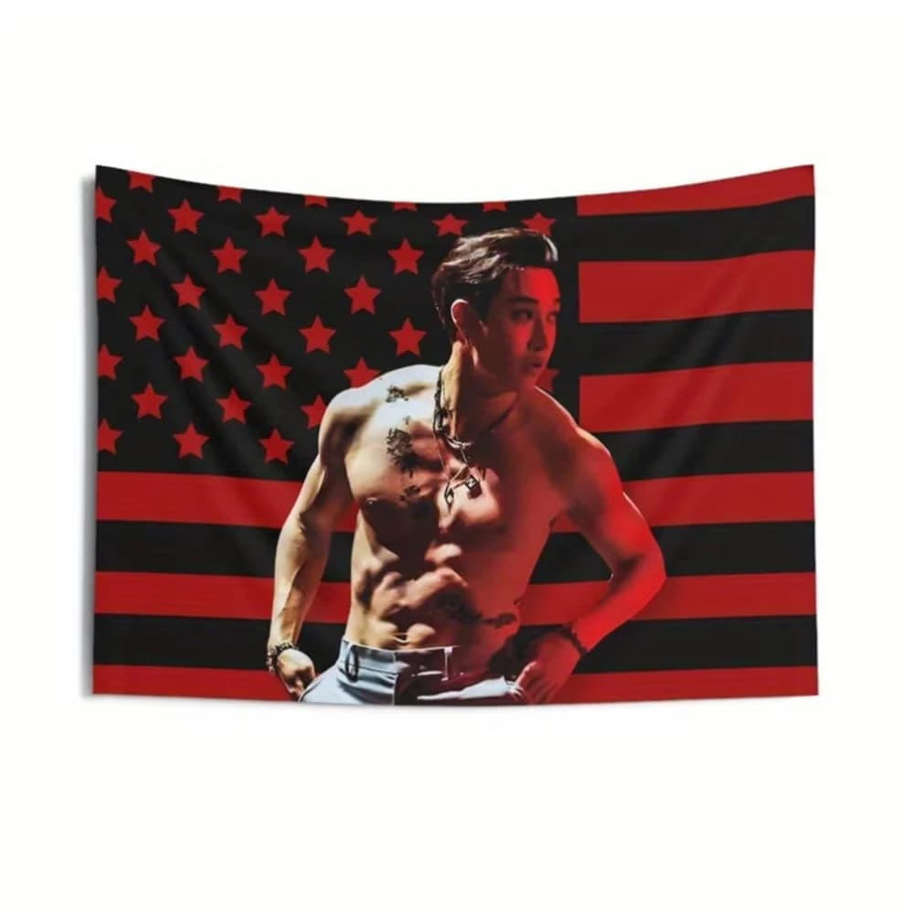 Aesthetic Stray Kids Bang Chan Kpop Poster Tapestry American Flag Design Concert Banner Home Decor Art Wall Hanging for Bedroom