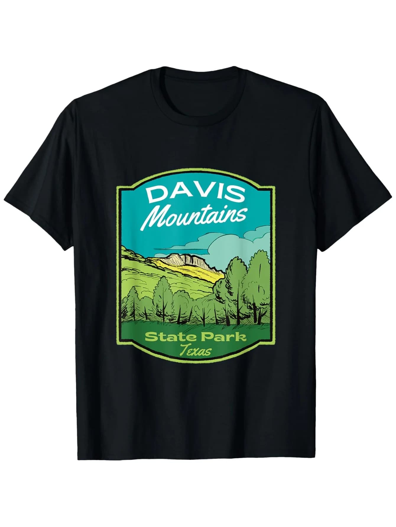T-shirt Davis Mountains State Park - 100% cotone, S-XXXL, nera, regalo con stampa montagna/albero