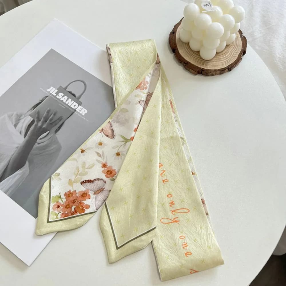 Silk scarf Trendy and Versatile, with Floral Pattern Fresco, Long and Sottile, Usable as Shoulder Bag or Elastic for Women's Hair