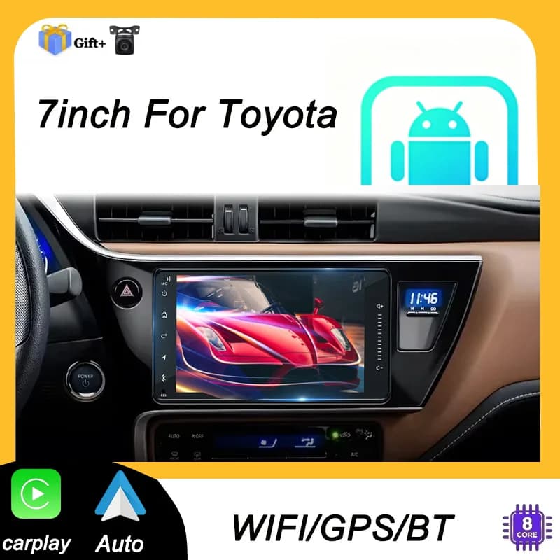 7" Car radio stereo audio system for Toyota vehicle equipment, supporting wireless CarPlay, Apple Android Auto functions, Androi