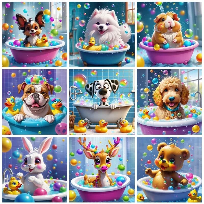 Cartoon Bath Animals 5D Full Square/Round Diamond Paintng Kits Cute Dog Bubble Bath DIY Drills Mosaic Embroidery Cross Stitch