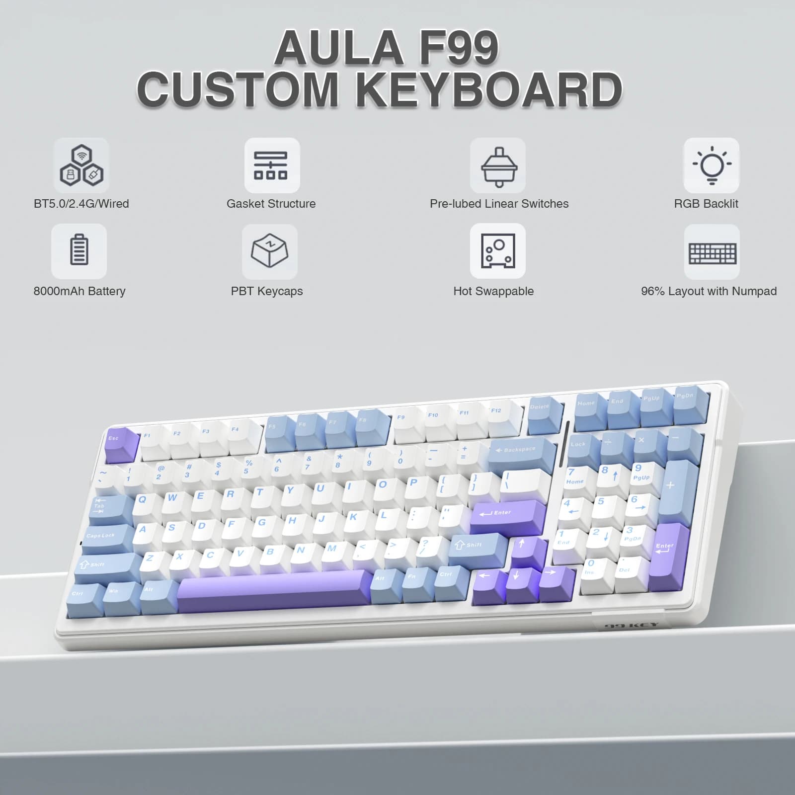 AULA F99 Tastiera meccanica wireless Tri-Mode Strucuttura guarnizione tastiera personalizzata sostituibile a caldo per PC/Tablet/Xbox/PS4/PS5