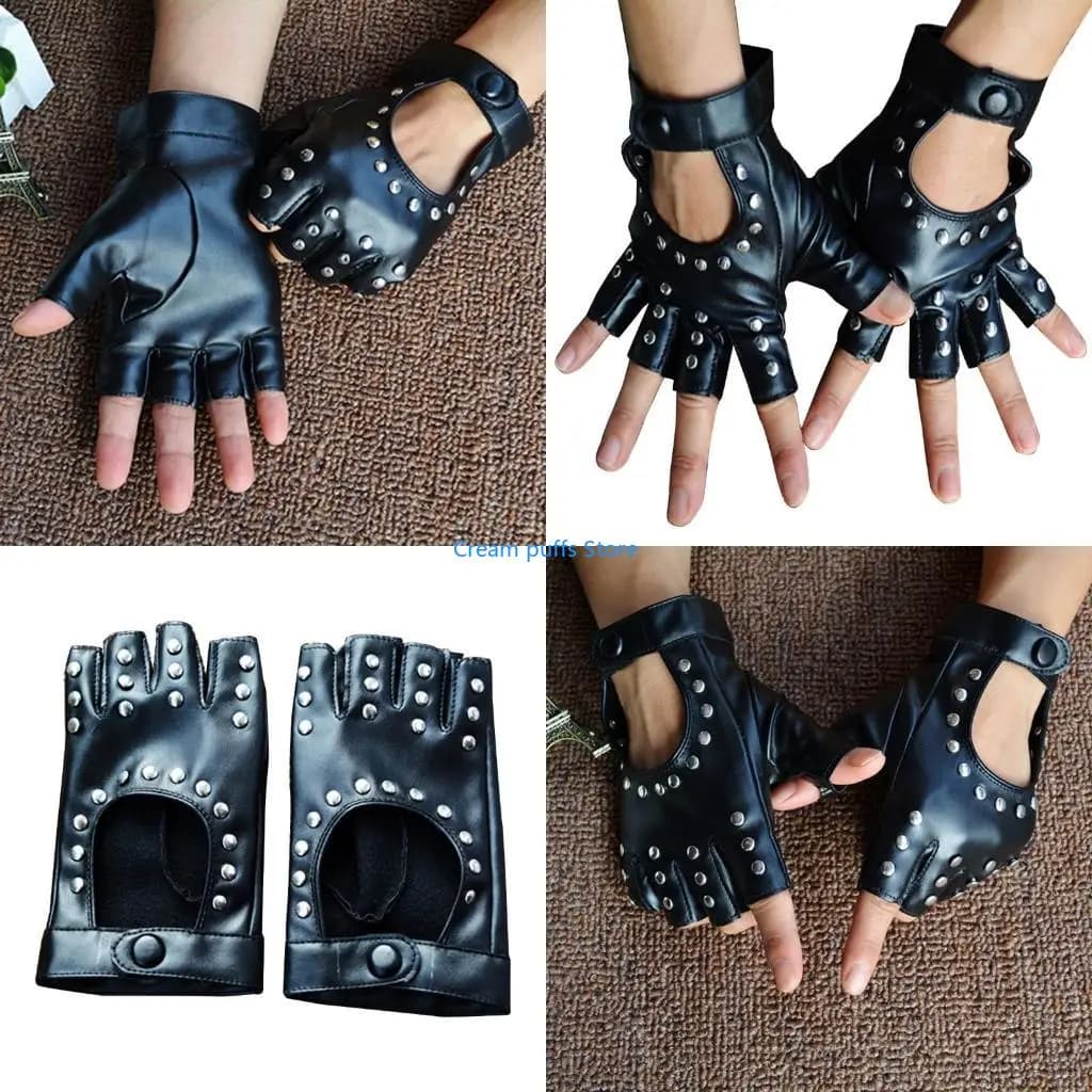 50LE Women Girl Riding Biking Cycling Gloves Cosplay Half Finger PU Gloves for Girls Rocker Star PU Gloves