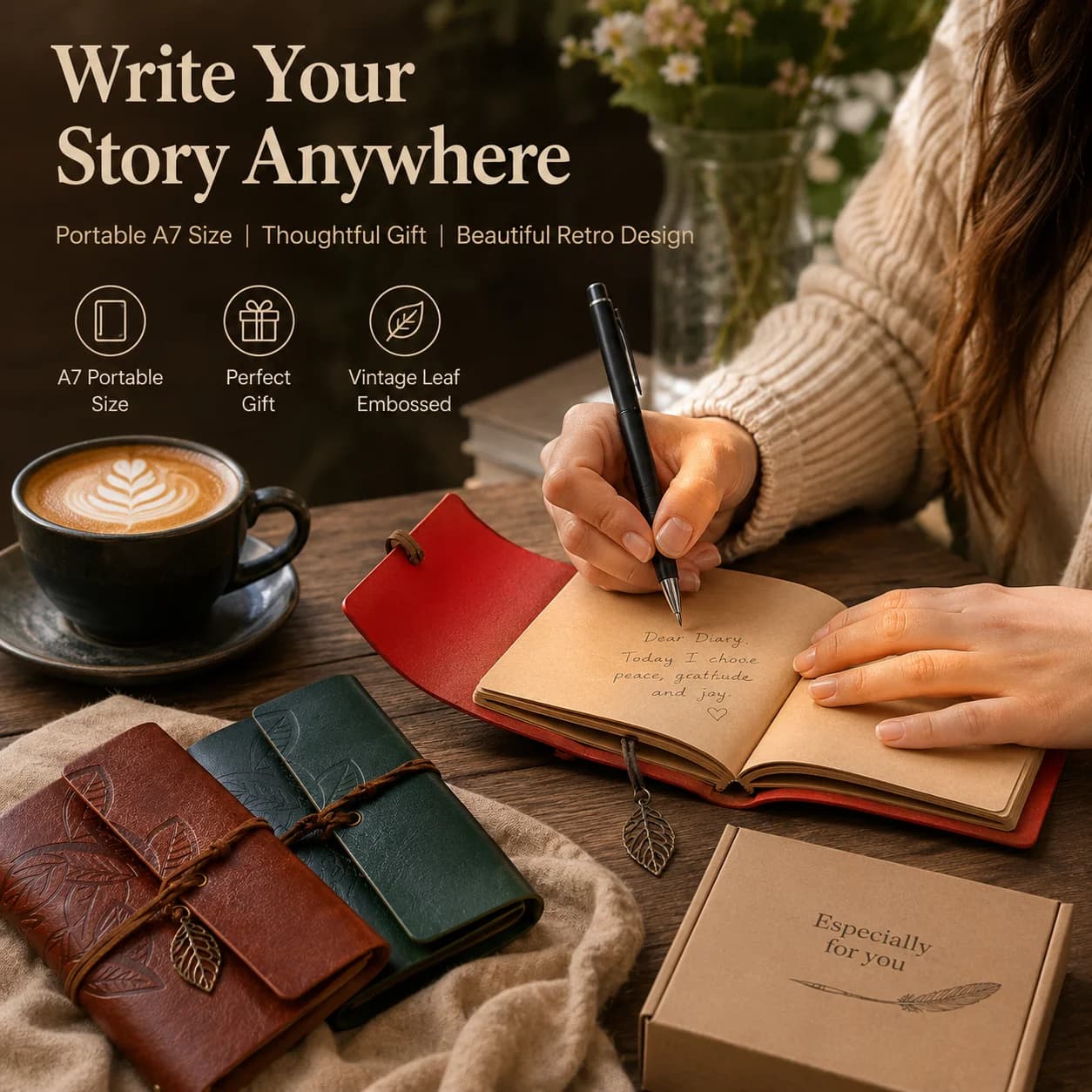 Vintage A7 Leather Loose Leaf Notebook Travel Journal Elastic Band Diary Creative Leaf Design Gift for Writing Journaling