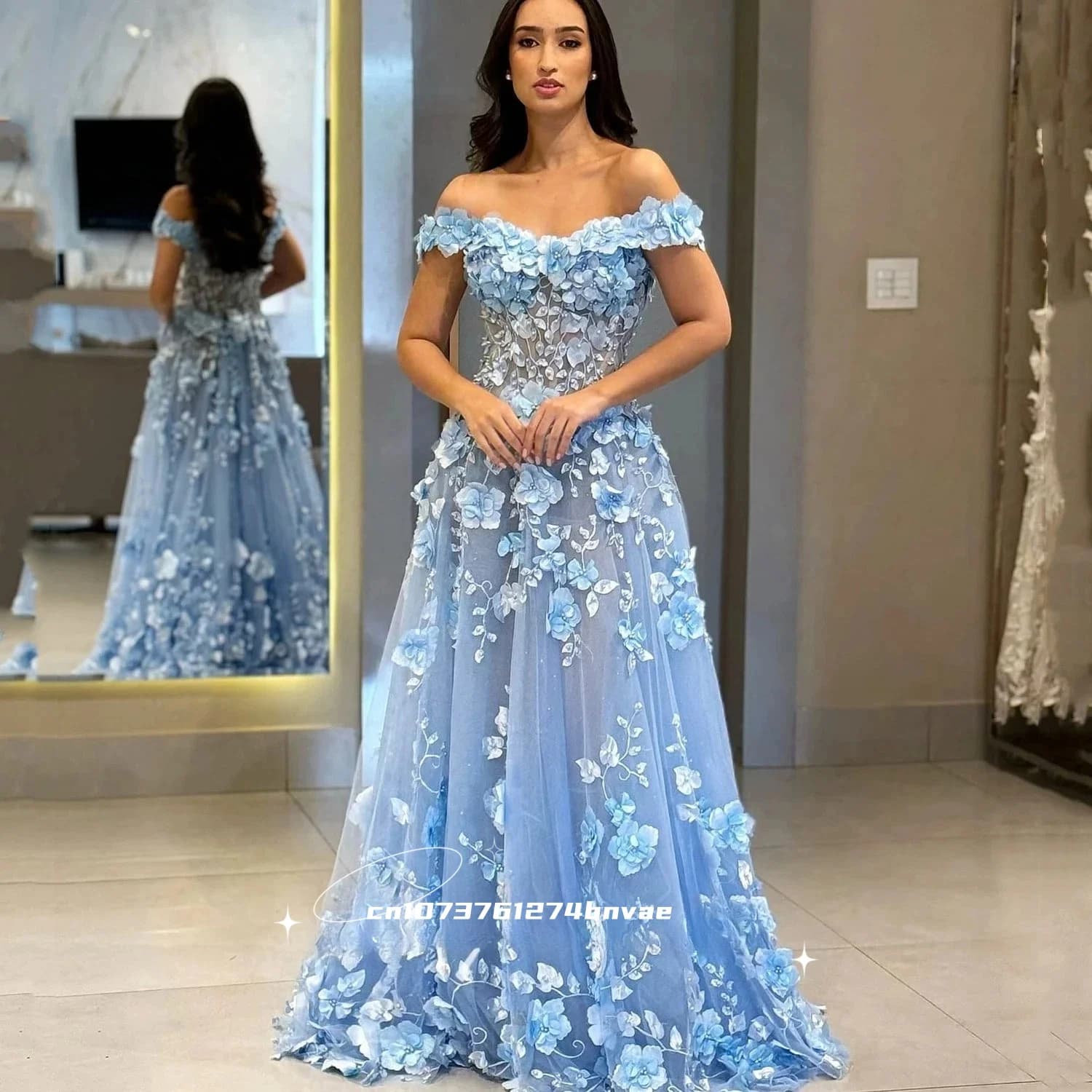 Abito da ballo floreale personalizzato Azzurro cielo A-Line Abiti da festa lunghi formali Abiti da sera da fata con spalle scoperte