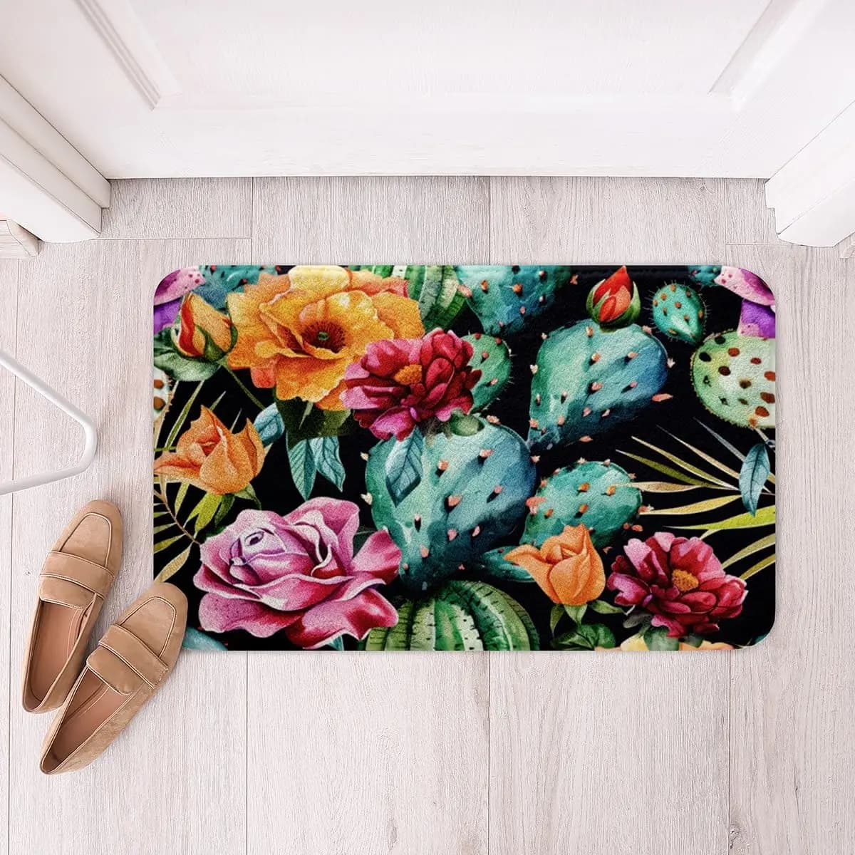 Tappeto d'ingresso con cactus in acquerello, tappeto boho con piante succulente, tappeto con piante tropicali del deserto, tappetini da bagno, tappeto per soggiorno e casa