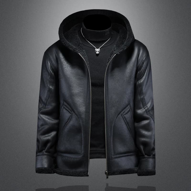 Men's Leather Jacket Winter Thickened Fleece Lined Hooded Casual Warm Outerwear Loose Fit American Style New Arrival