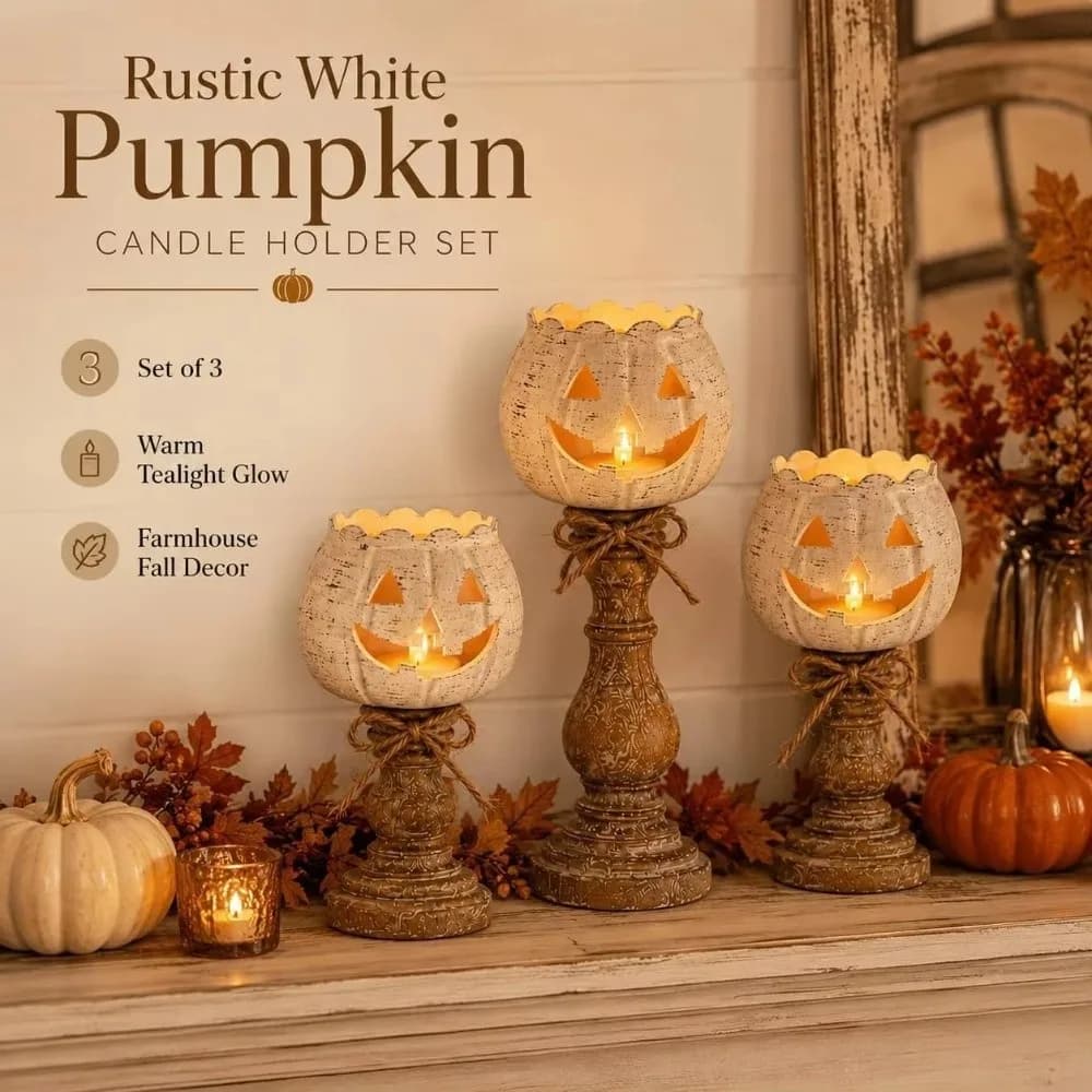 Cutout Face Pumpkin Tealight Candle Holder Scalloped Top Jute Bow Tealight Candle Holder Wood-Look Base Retro