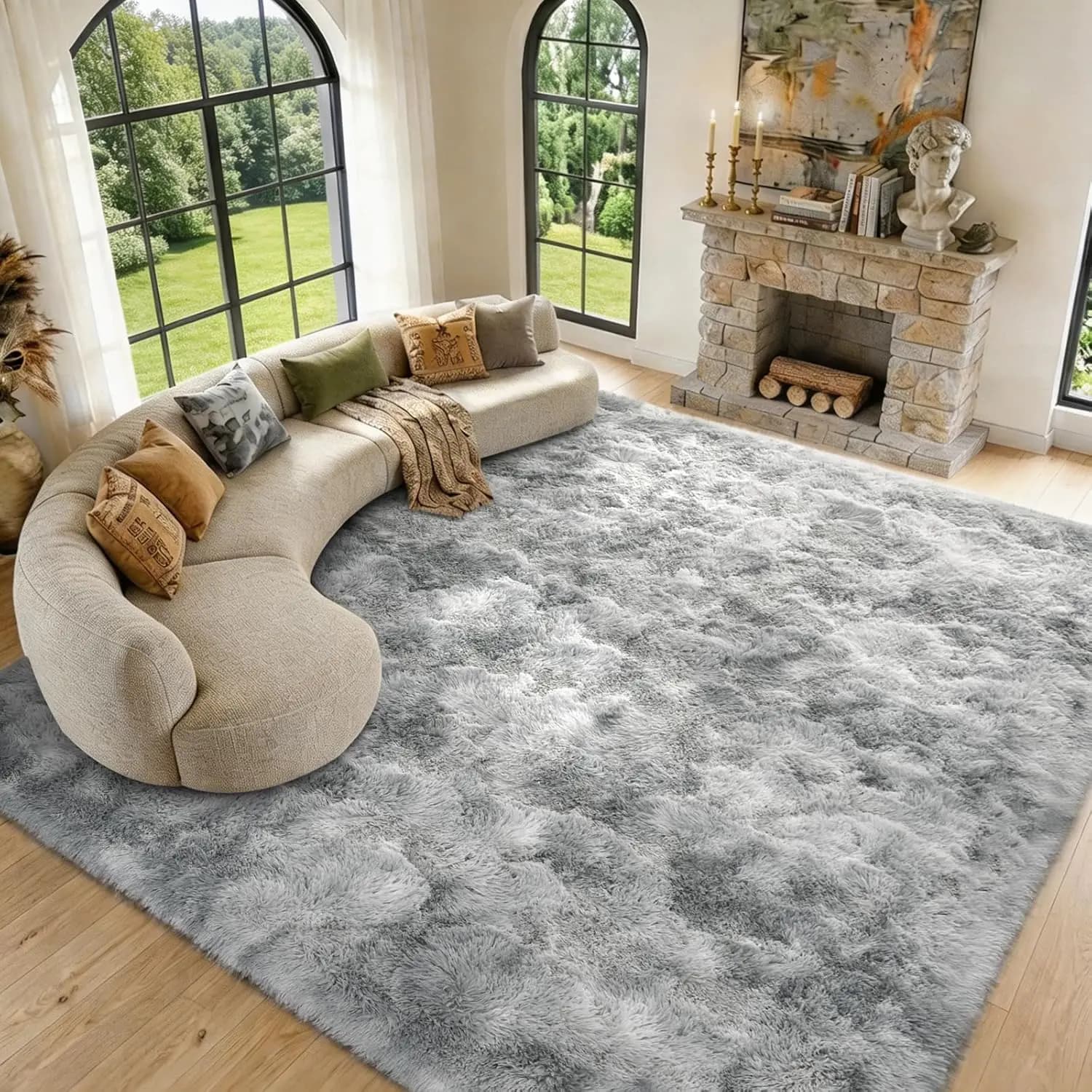 Extra Large 9x12 Shaggy Area Rug, Ultra Soft High Pile, Non-Slip, Tie-Dyed Grey for Living Room Bedroom